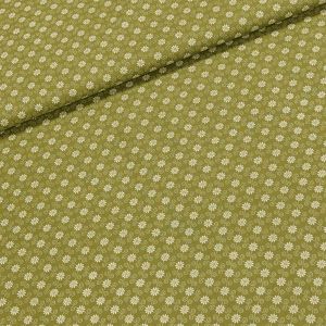 Bavlněné plátno 103000/13234 OLIVA, bílé kvítky a spirálky na olivově zelené, š.140cm (látka v metráži)