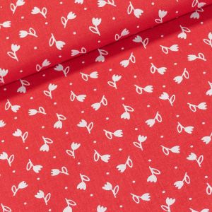 Bavlněné plátno 103000/13794 RED, bílé tulipánky na červené, š.140cm (látka v metráži)