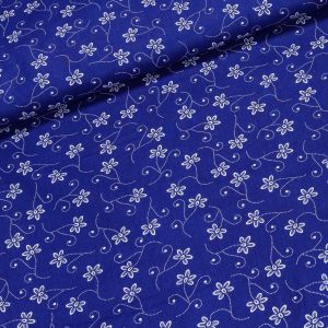 Bavlněné plátno 303000/37, bílý kvítek a spirálky na modré, š.140cm (látka v metráži)