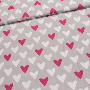 Bavlněné plátno ANIKA růžové a bílé velké srdce na šedé, š.160cm (látka v metráži)