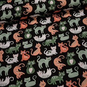 Bavlněné plátno dětské 103000/15317 CAT BLACK/GREEN zelené a růžové kočky na černé, š.140cm (látka v metráži)