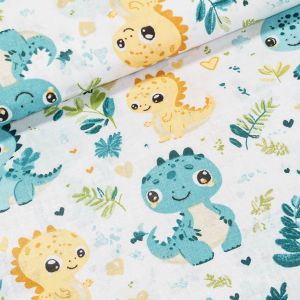 Bavlněné plátno dětské ANIKA tyrkysoví a žlutí dinosauři, š.160cm (látka v metráži)