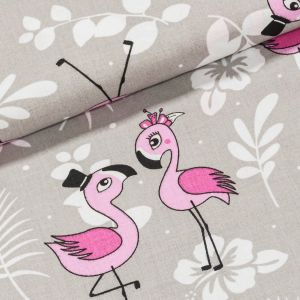 Bavlněné plátno dětské ARIA růžoví plameňáci na šedé š.160cm (látka v metráži)