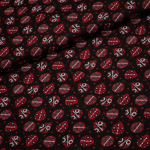 Bavlněné plátno dětské POLO červené vzorované berušky na černé, š.140cm (látka v metráži)