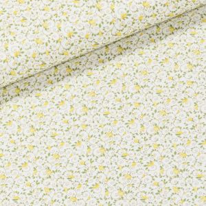 Bavlněné plátno GARDEN 8 AMARIILO, žluté popínavé kytičky na bílé š.150cm (látka v metráži)