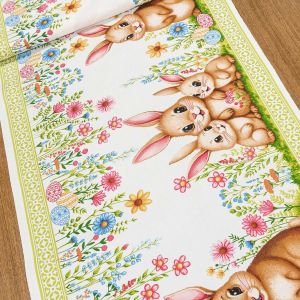 Bavlněné plátno / štola na metráž velikonoční 703024/29464, kraslice a zajíčci, zelený okraj, š. 50cm (látka v metráži)