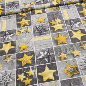 Bavlněné plátno vánoční VT039/02 vzorované žluté hvězdy v šedém čtverci, š.160cm (látka v metráži)