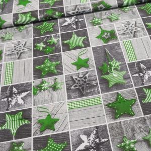 Bavlněné plátno vánoční VT039/03 vzorované zelené hvězdy v šedém čtverci, š.160cm (látka v metráži)