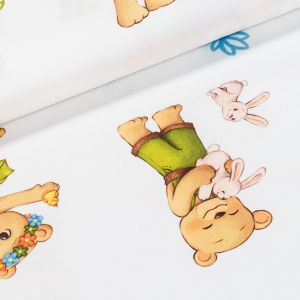 Bavlněný satén dětský LITTLE BEARS DIGITÁLNÍ TISK, medvídek na bílé, š.150cm (látka v metráži)