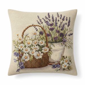 Dekorační povlak na polštářek RETRO LEVANDULE A KOPRETINY V KOŠÍKU, béžová 45x45cm