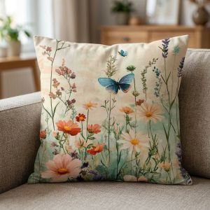 Dekorační povlak na polštářek CYH7555 TISK, kopretiny a motýl na světle žluté, 40x40cm