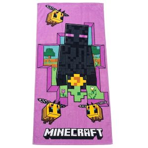Dětská plážová osuška MINECRAFT ENDERMAN A VČELKY, fialová, froté, 70x140cm