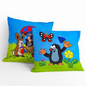 Dětský polštářek KRTEK S LOPATKOU A DEŠTNÍKEM (Krteček), zeleno-modrý, 40x40cm