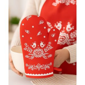 Kuchyňská chňapka FOLK, podklad červený, 28x18cm