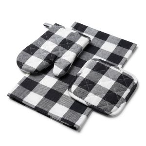 Kuchyňský set QK-244 3-dílný, ŠEDO-BÍLÁ KOSTKA, chňapka 28x18cm + podložka 20x20cm + utěrka 50x70cm