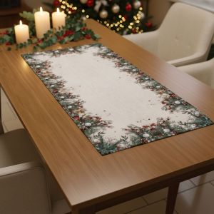 Kuchyňský ubrus vánoční CYH6024GC, vánoční ozdoby s jehličím, béžovo-zelená 40x90cm (obdélník) 