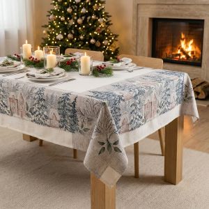 Kuchyňský ubrus vánoční CYH6064C, domečky, béžovo-zelená 120x140cm (obdélník) 