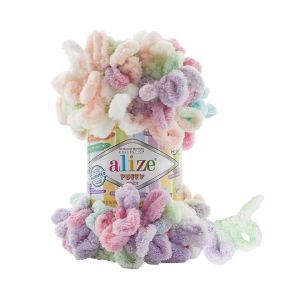 Příze s oky Alize PUFFY COLOR pro ruční pletení bez jehlic, 6526 vícebarevný melír, efektní, 100g/9m