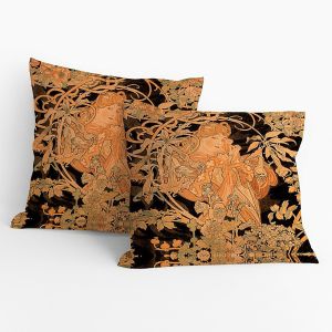 Povlak na polštářek ALFONS MUCHA ŽENY S KVĚTINAMI, béžovo-černý, 40x40cm