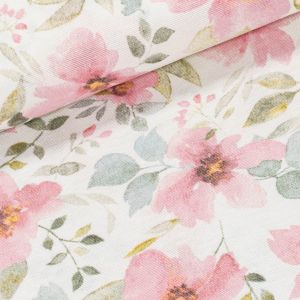 Směsové plátno DAME ROSA, růžové květy na bílé, š.140cm (látka v metráži)