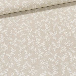 Směsové plátno REMI A 33 LINEN, žakarový vzor větviček na béžové, š.140cm (látka v metráži)