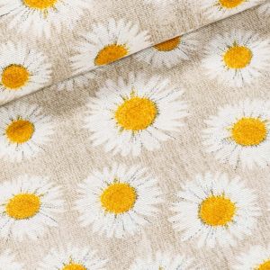 Směsové plátno RENA BÉŽOVÁ, kopretiny na béžovém žíhání, š.140cm (látka v metráži)