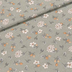 Směsové plátno ZELENÁ ETNA,  květy na na šedo-zelené, š.140cm (látka v metráži)