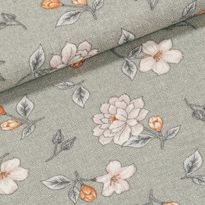 Směsové plátno ZELENÁ ETNA,  květy na na šedo-zelené, š.140cm (látka v metráži)