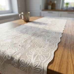 Ubrus PVC / BĚHOUN LA-0369U, štola, krajka květy bílá, š.50cm (metráž)