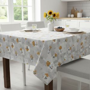 Ubrus PVC s textilním podkladem 1247-2, slunečnice v konvičce, šedá, š.140cm (metráž)