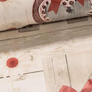 Ubrus PVC s textilním podkladem 4E2/03 srdce a kopretiny na dřevě, béžová, š.140cm (metráž)