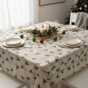 Ubrus PVC s textilním podkladem vánoční N48/10 cesmína káro na béžové, š.140cm (metráž)