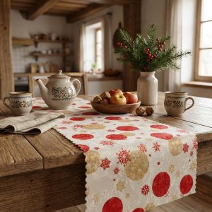 Ubrusovina vánoční / štola teflonová úprava, BAŇKY, červeno-zlatá, š.38cm (metráž)