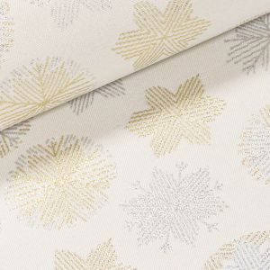 Ubrusovina vánoční / štola teflonová úprava, SNĚHOVÉ VLOČKY, zlatá / stříbrná, š.38cm (metráž)