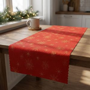 Ubrusovina vánoční / štola teflonová úprava, ZLATÁ VLOČKA, červená, š.38cm (metráž)