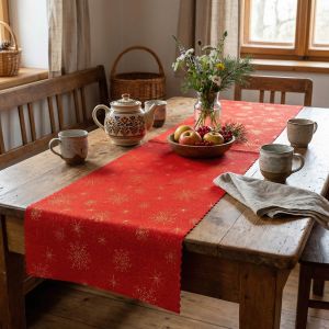 Ubrusovina vánoční / štola teflonová úprava, ZLATÁ VLOČKA, červená, š.38cm (metráž)