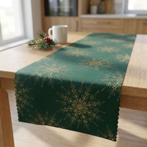 Ubrusovina vánoční / štola teflonová úprava, ZLATÁ VLOČKA, zelená, š.38cm (metráž)