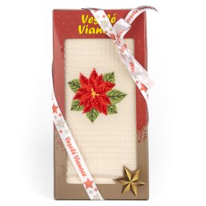 Utěrka KIARA VÁNOCE 11 vaflová vyšívaná, dárkové balení, vánoční růže na smetanové, 1 kus 50x70cm