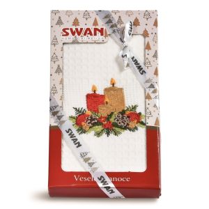 Utěrka KIARA VÁNOCE 23 vaflová vyšívaná, dárkové balení, tři svíčky na bílé, 1 kus 50x70cm