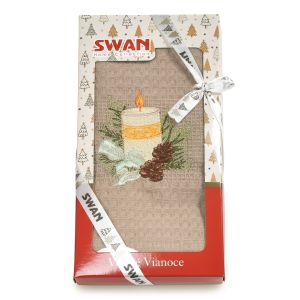 Utěrka KIARA VÁNOCE 24 vaflová vyšívaná, dárkové balení, svíčka na béžové, 1 kus 50x70cm