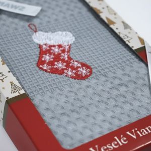 Utěrka KIARA VÁNOCE 25 vaflová vyšívaná, dárkové balení, mikulášská punčocha na šedé, 1 kus 50x70cm