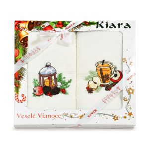 Utěrka KIARA VÁNOCE 62 vaflová vyšívaná, dárkové balení, punč a lucerna na bílé, 2 kusy 50x70cm