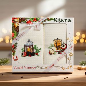 Utěrka KIARA VÁNOCE 62 vaflová vyšívaná, dárkové balení, punč a lucerna na bílé, 2 kusy 50x70cm