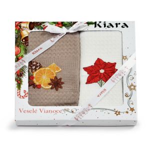 Utěrka KIARA VÁNOCE 63 vaflová vyšívaná, dárkové balení, pomeranč a vánoční hvězda, béžová, 2 kusy 50x70cm
