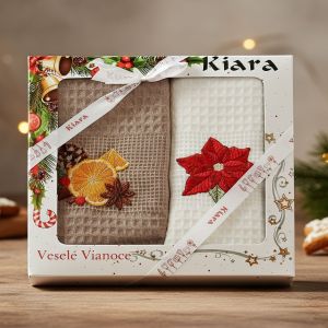 Utěrka KIARA VÁNOCE 63 vaflová vyšívaná, dárkové balení, pomeranč a vánoční hvězda, béžová, 2 kusy 50x70cm