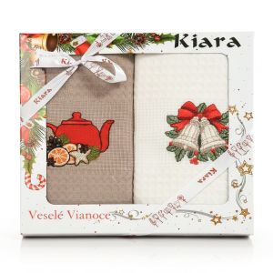 Utěrka KIARA VÁNOCE 64 vaflová vyšívaná, dárkové balení, konvička a zvonečky, béžová, 2 kusy 50x70cm