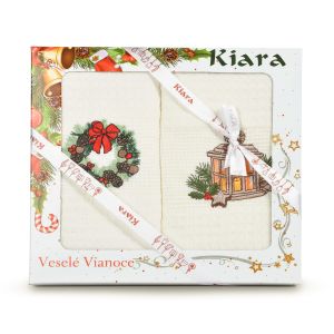 Utěrka KIARA VÁNOCE 66 vaflová vyšívaná, dárkové balení, lucerna a věneček, smetanová, 2 kusy 50x70cm