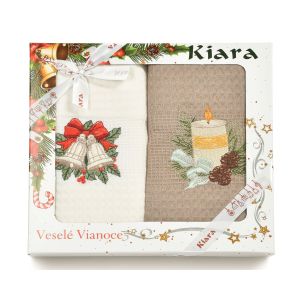 Utěrka KIARA VÁNOCE 65 vaflová vyšívaná, dárkové balení, svíčka a zvonečky, béžová, 2 kusy 50x70cm