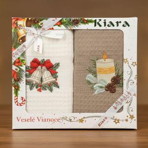 Utěrka KIARA VÁNOCE 65 vaflová vyšívaná, dárkové balení, svíčka a zvonečky, béžová, 2 kusy 50x70cm