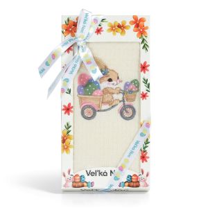Utěrka KIARA VELIKONOCE 08 vaflová vyšívaná, dárkové balení, zajíček na kole na smetanové, 1 kus 50x70cm